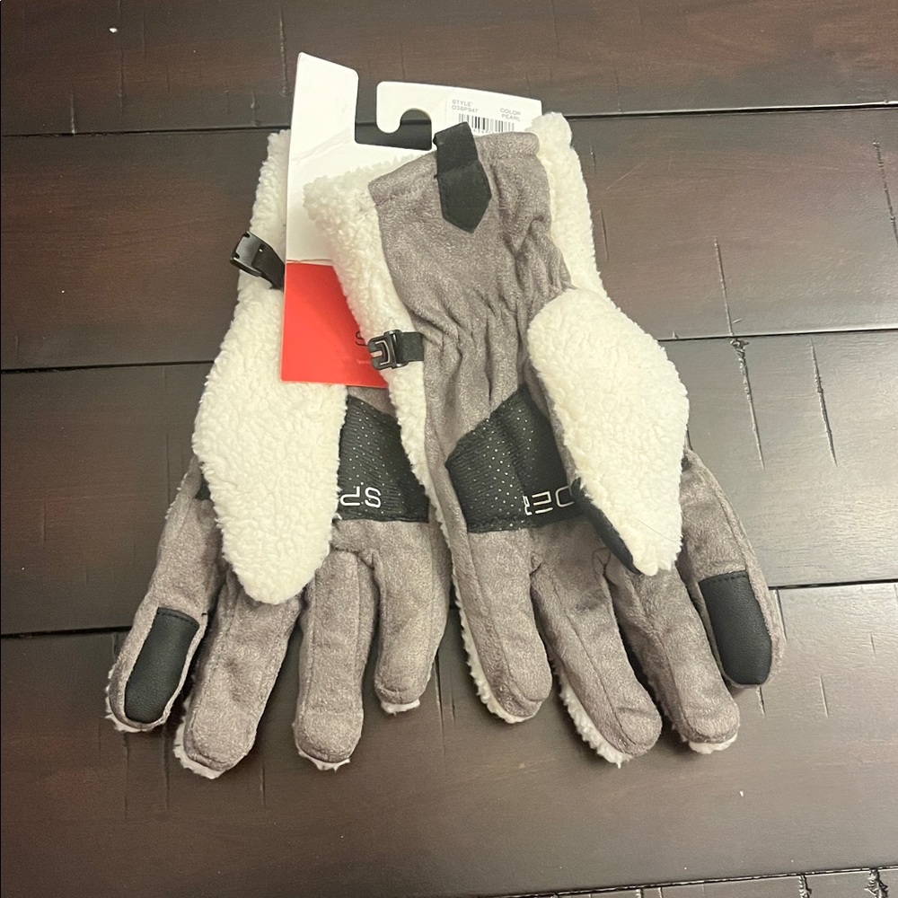 Spyder Fleece Winter Gloves cream gray Tech Kids Size 10-16 Boys or Girls L/XL - Picture 2 of 11